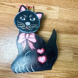 Vintage Wooden Black Cat Match Holder Hand Painted Rustic Home Decor Primitive